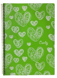 Atlas Candy, A4 PP Kapak Spiralli Defter, Çizgili, 100 Yaprak Kalpli Yeşil