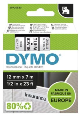 Dymo D1 Yedek Şerit (12 mm x 7 m) Beyaz/ Siyah (45013) - 2