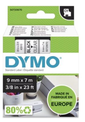 Dymo D1 Yedek Şerit (9 mm x 7 m) Şeffaf/ Siyah (40910) - 2