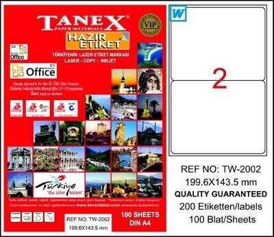 Tanex TW-2002 Beyaz Klasik Laser Etiket 199.6 x 143.5 mm 100 Yaprak - 1