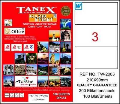 Tanex TW-2003 Beyaz Klasik Laser Etiket 210 x 99 mm 100 Yaprak - 1